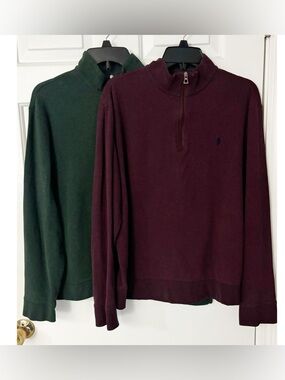 2 Polo Ralph Lauren Men's Quarter Zip-Up Pullovers, Dark Green & Burgundy Sz L